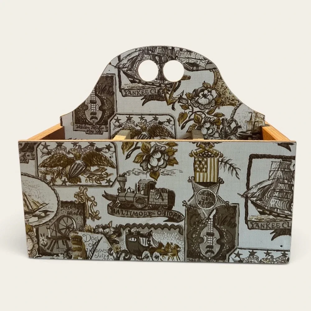 Vintage Americana Wooden Caddy Liberty Bell Clipper Ship Decoupage Organizer